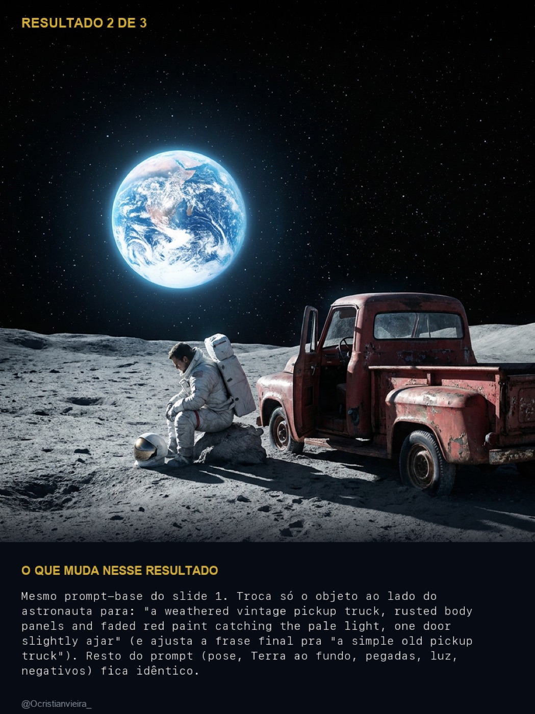 Cena cinematográfica de astronauta sentado ao lado de uma caminhonete na Lua