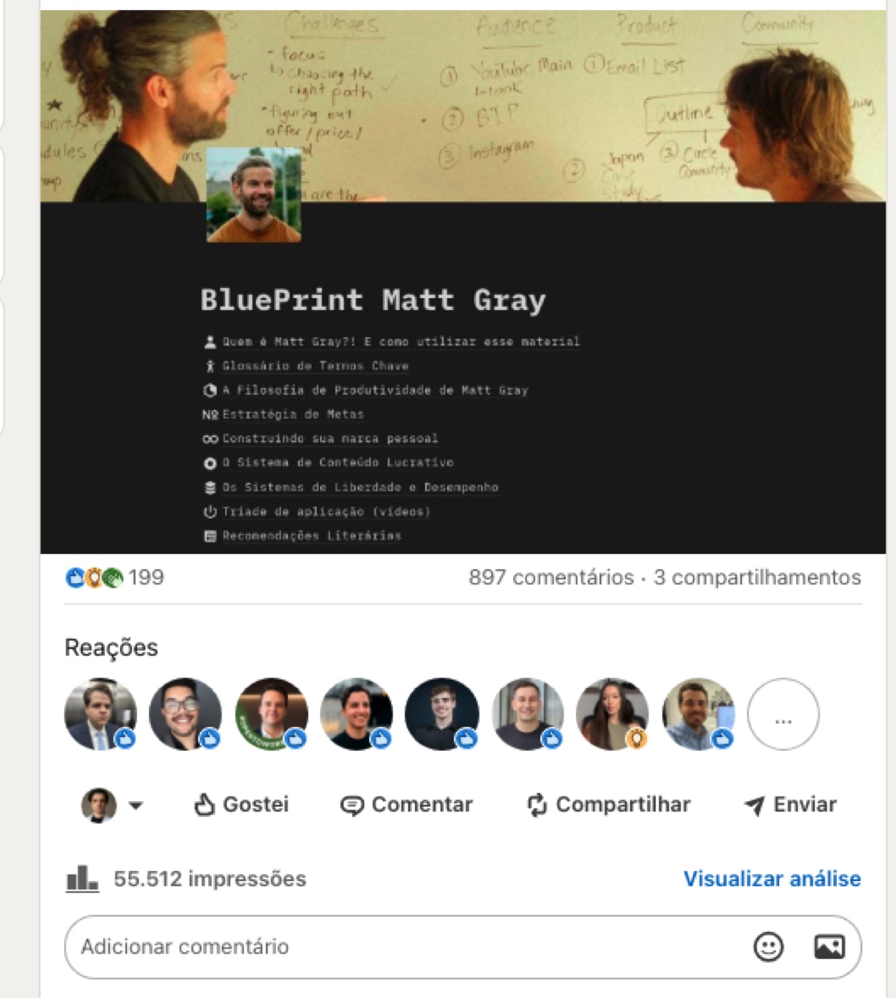 Post Blueprint Matt Gray com 55.512 impressões e 897 comentários